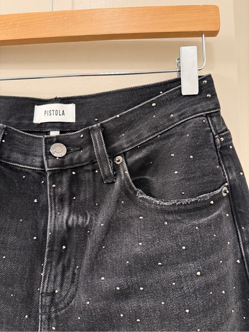 Pistola Lexi Midrise Bowed Straight Jean in Silver Screen Wash Sparkle Detail